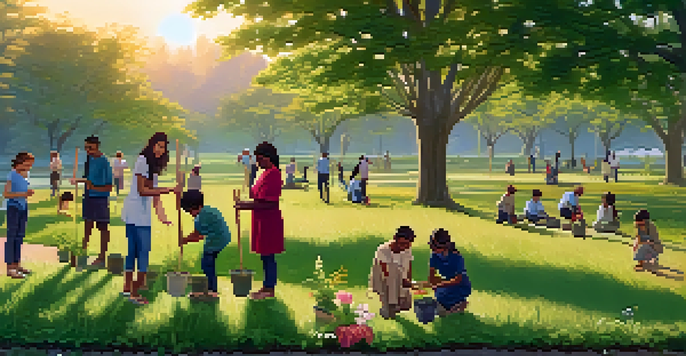 A diverse group of people planting trees in a park during sunset, showcasing teamwork and community spirit.