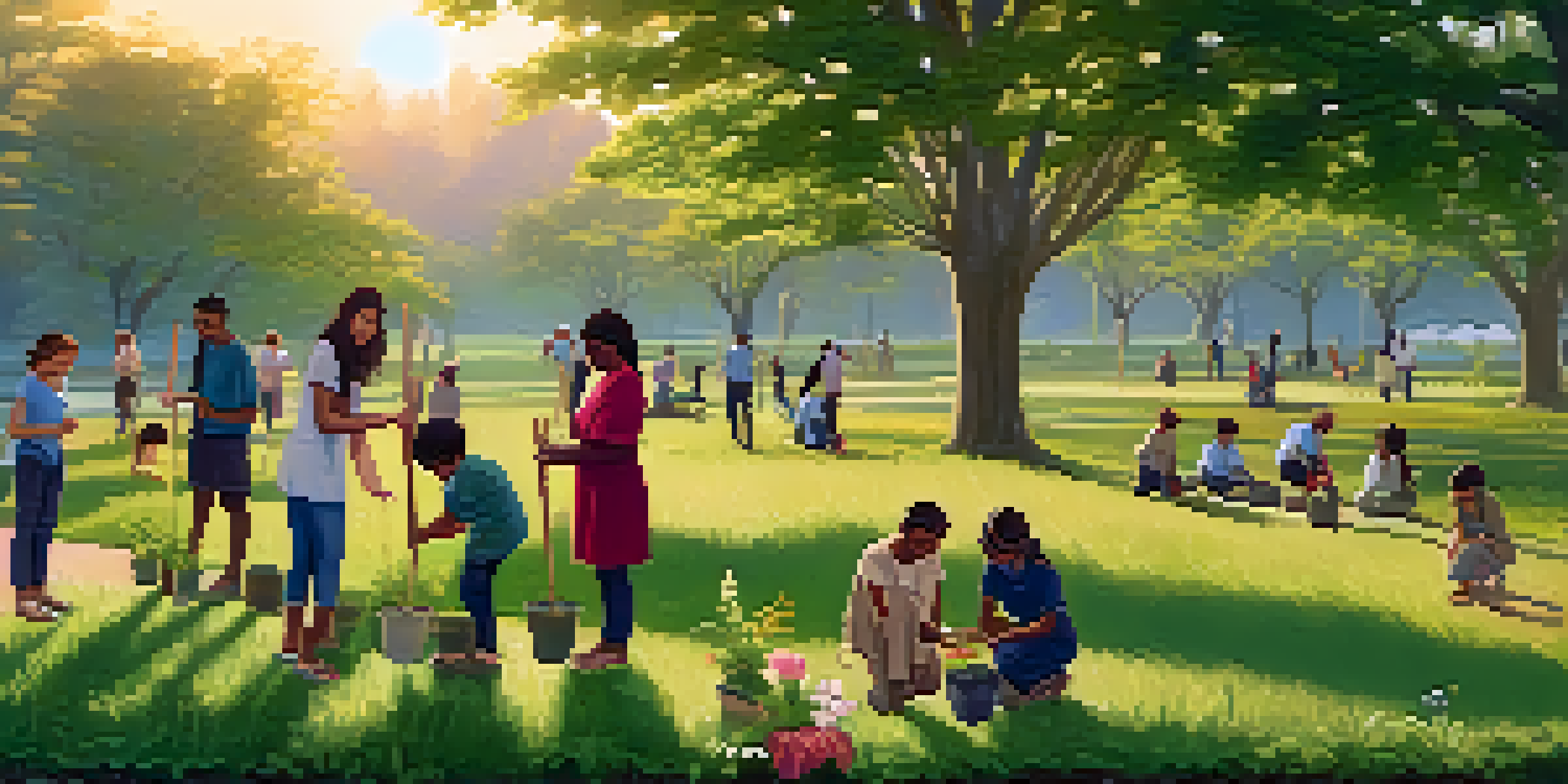 A diverse group of people planting trees in a park during sunset, showcasing teamwork and community spirit.