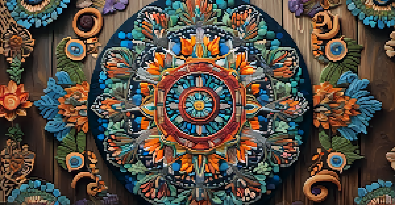 An intricate mandala made from flowers, leaves, and stones on a wooden surface, with vibrant colors and soft lighting.