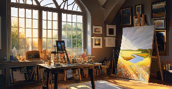 An artist's studio filled with canvases, brushes, and a small altar, illuminated by warm golden light.