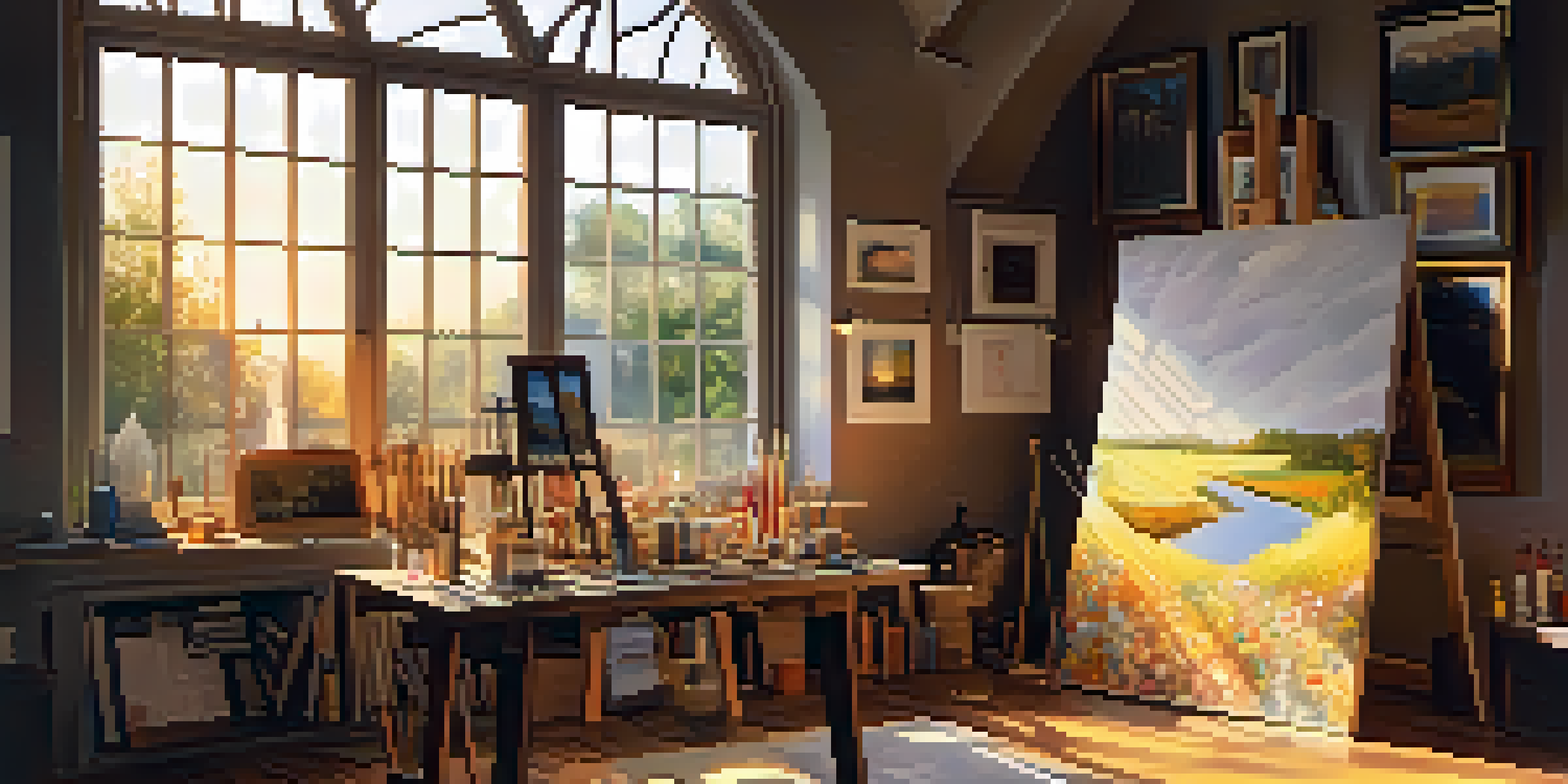 An artist's studio filled with canvases, brushes, and a small altar, illuminated by warm golden light.