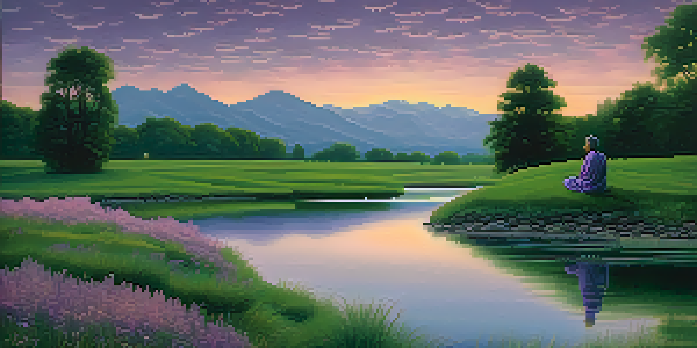 A peaceful river landscape at twilight with a meditating figure by the bank, surrounded by wildflowers and distant mountains.