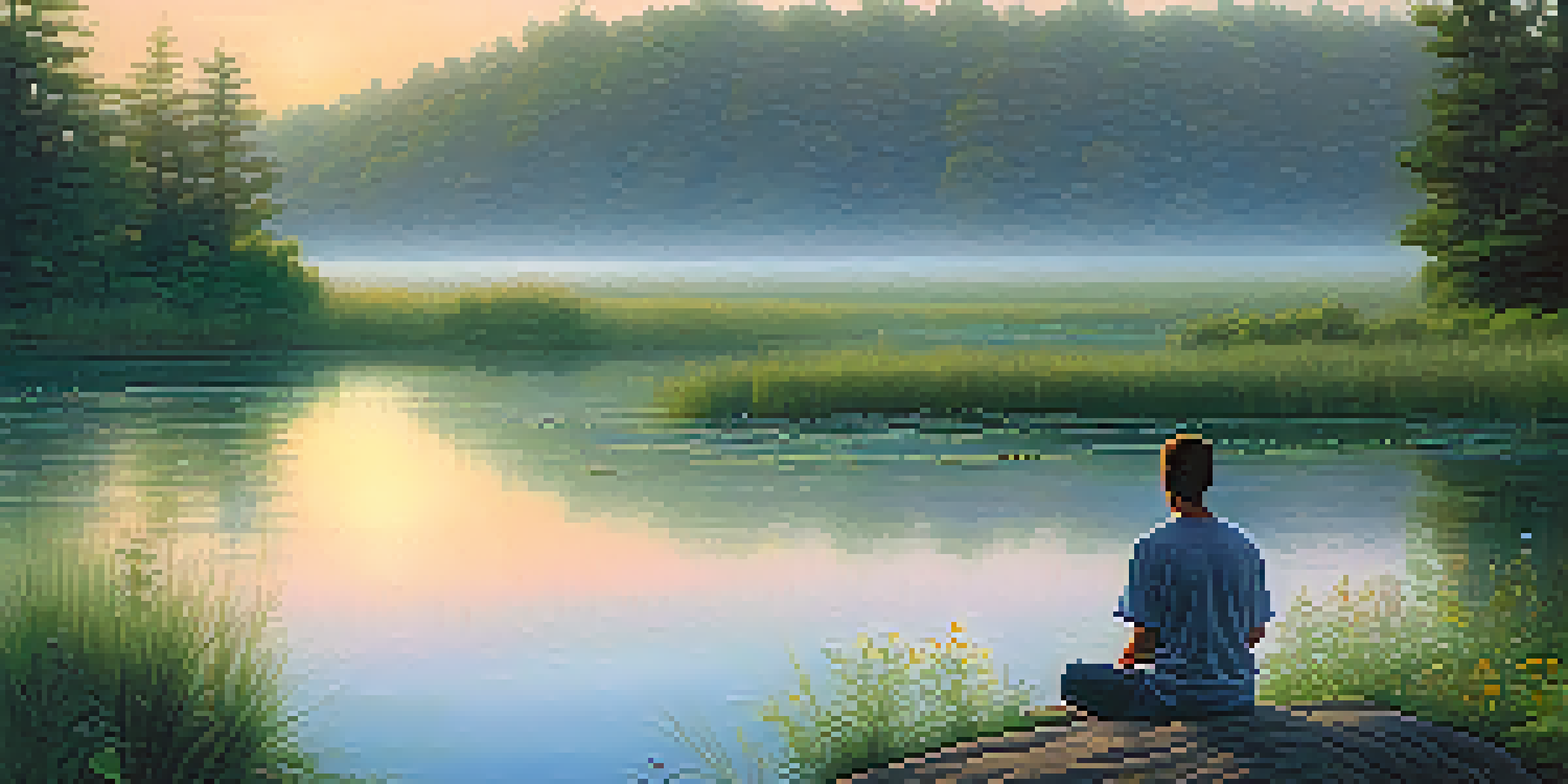 A person meditating by a tranquil lake at dawn, with soft colors of sunrise reflected in the water.