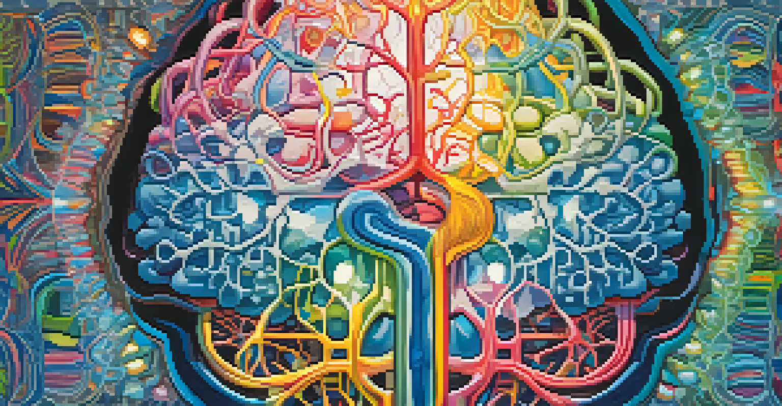 An artistic depiction of a brain with colorful patterns representing neurotransmitters, set against an abstract background.