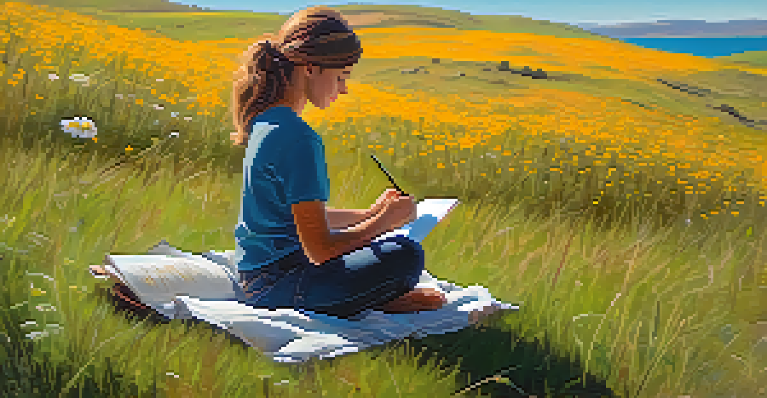 A person writing in a gratitude journal on a grassy hillside surrounded by flowers and sunlight.