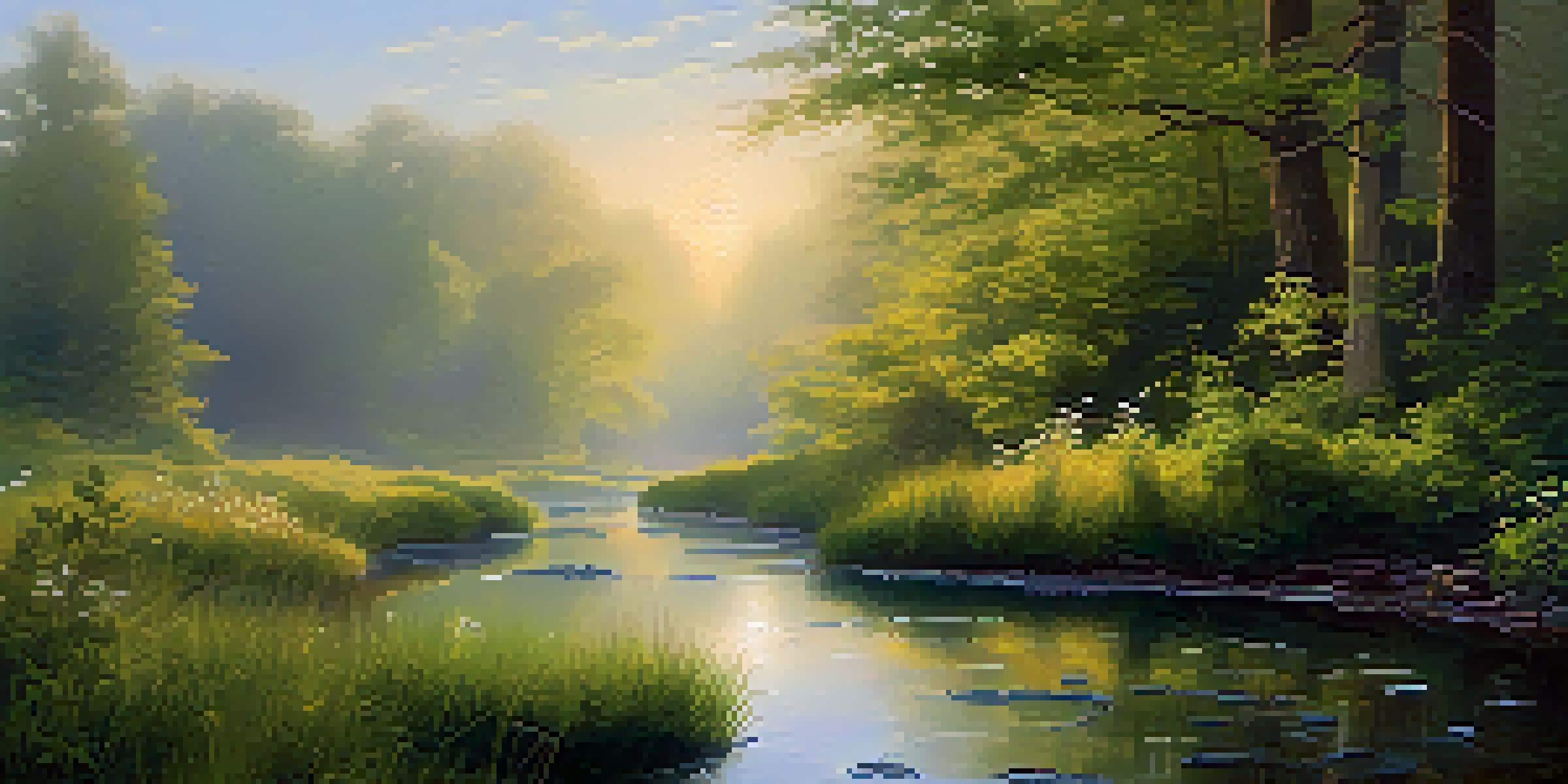 A peaceful forest scene at dawn with golden light, a gentle stream, lush greenery, and wildflowers.