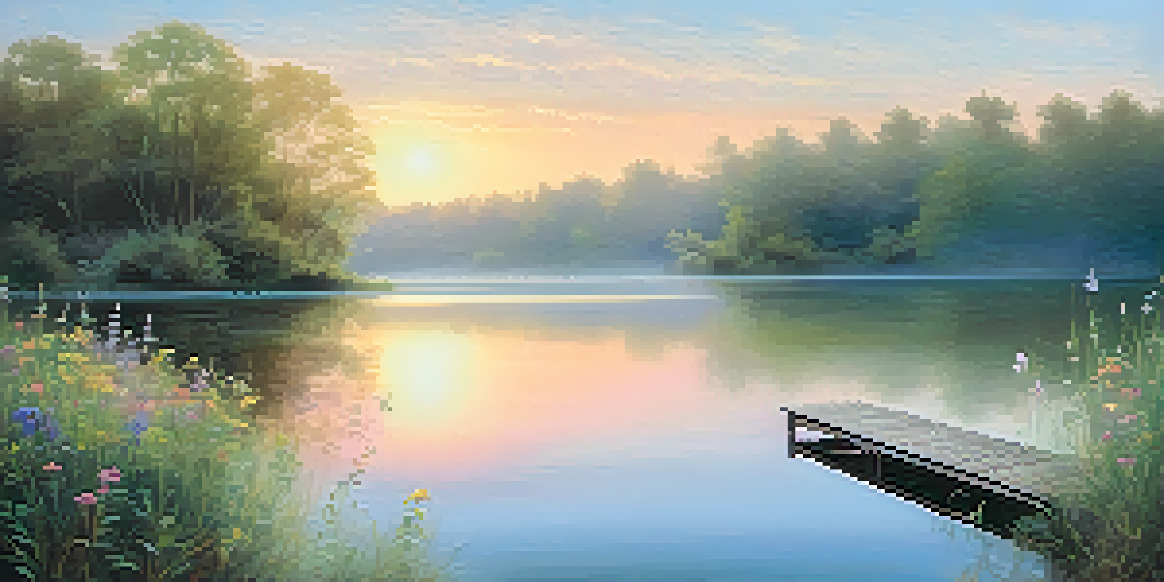 A peaceful sunrise over a tranquil lake, with colorful skies and lush greenery surrounding it.