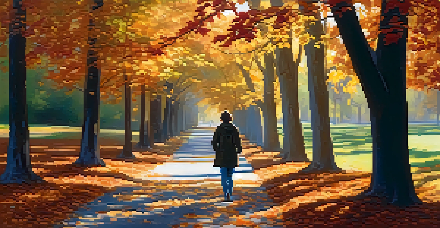A person walking slowly on a tree-lined path covered in autumn leaves, surrounded by dappled sunlight.