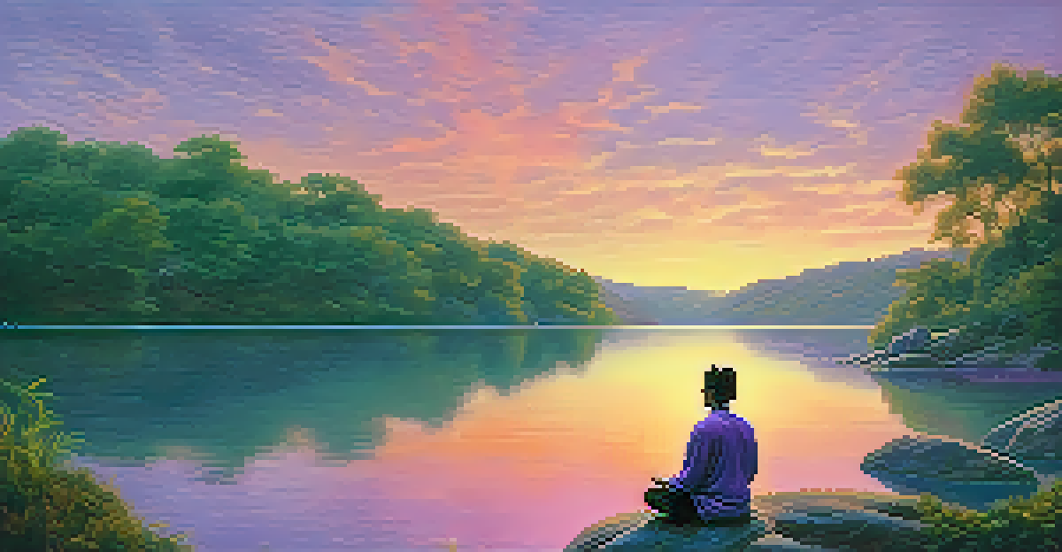 A person meditating by a calm lake at sunset, surrounded by greenery, with a colorful sky reflected in the water.