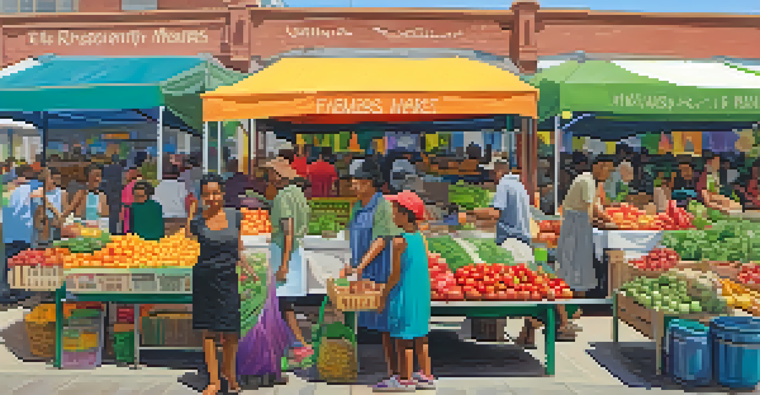 A lively farmers market with diverse people interacting, showcasing fresh produce and fair-trade products under colorful awnings.