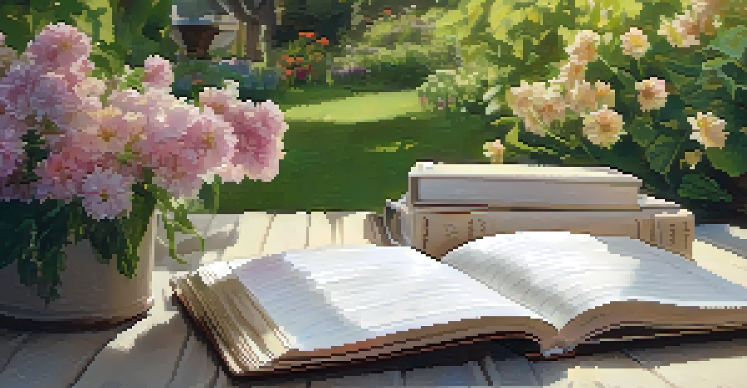 A close-up of a person in a garden holding an open gratitude journal, surrounded by colorful flowers and warm sunlight.