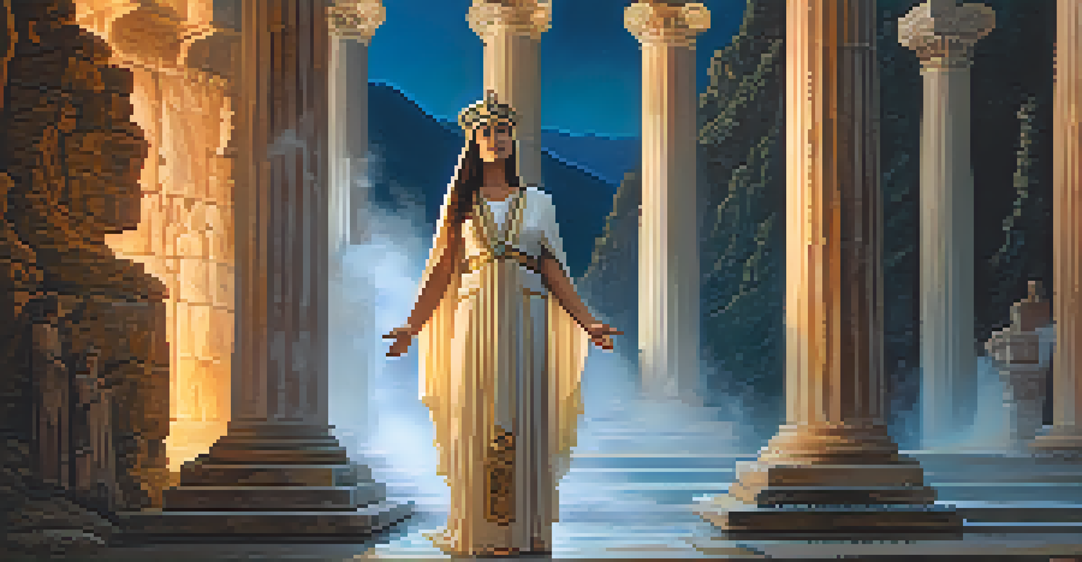 A priestess in flowing robes stands at the Oracle of Delphi, surrounded by mist and ancient columns, illuminated by candlelight.