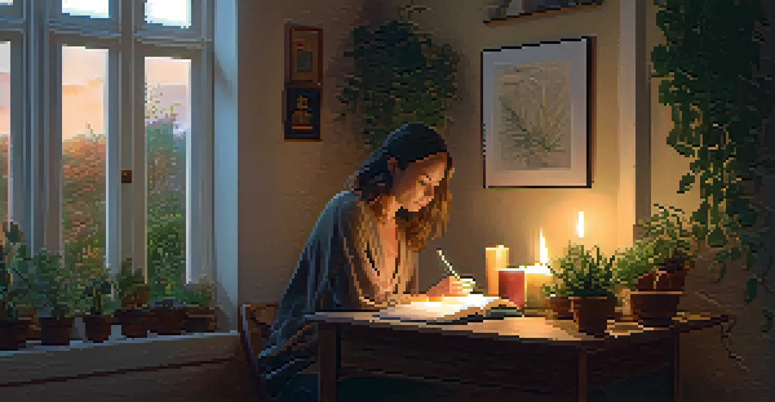 A cozy room with a person kneeling by a table, holding a prayer journal, surrounded by plants and soft candlelight.