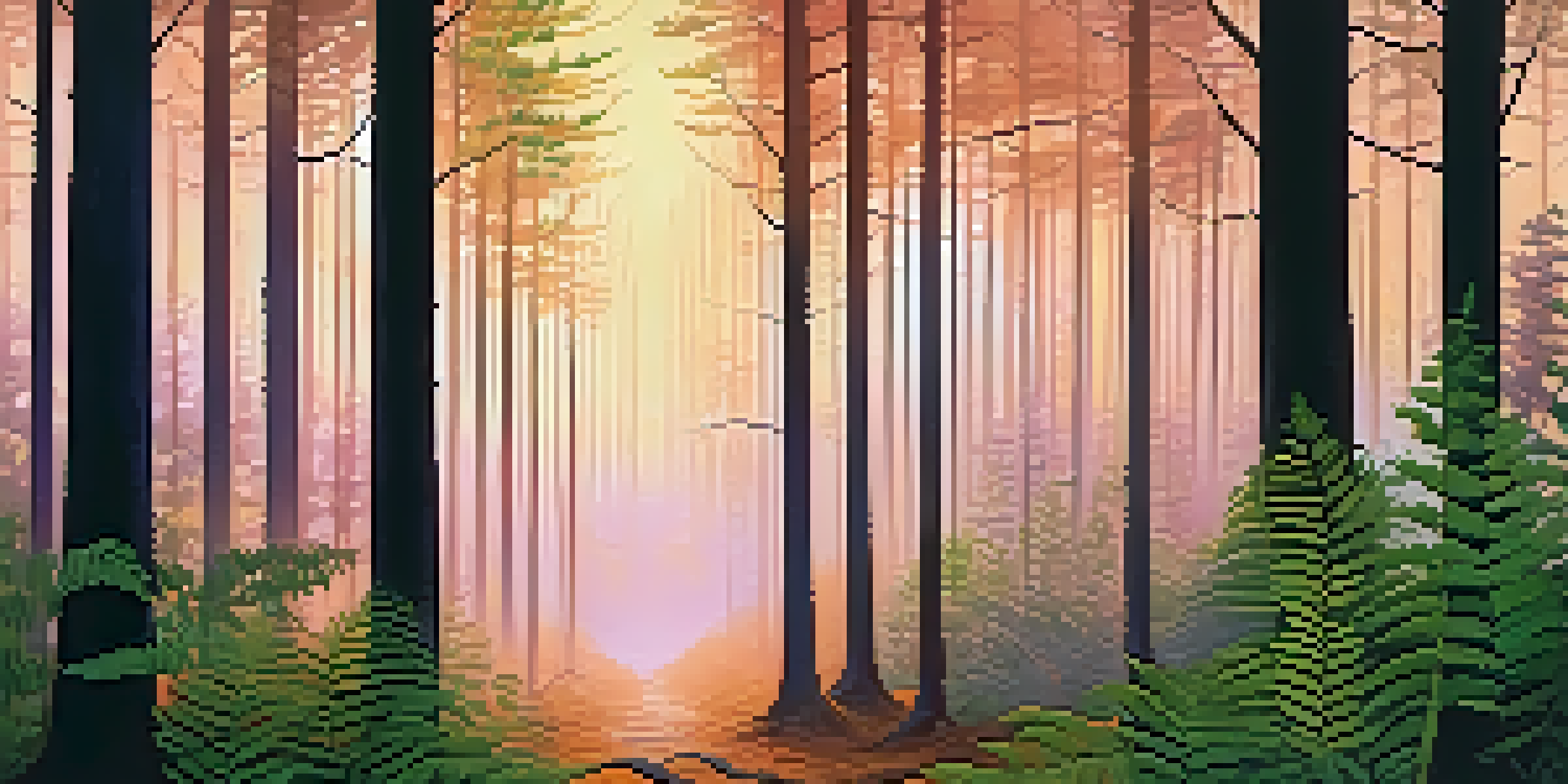 A tranquil forest at dawn with tall trees silhouetted against a colorful sky, morning mist, and green ferns on the ground.