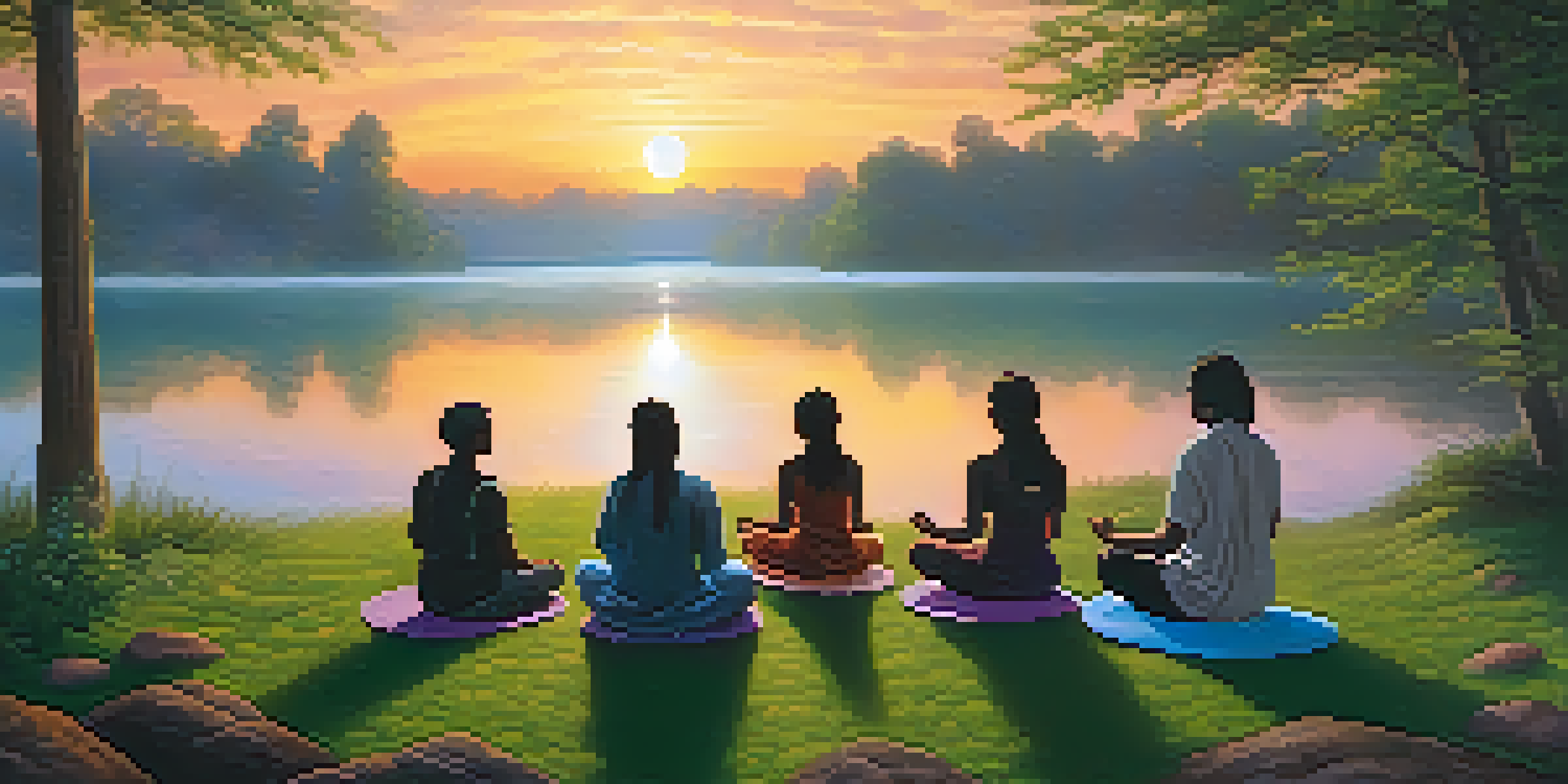 A tranquil lake at sunset with a diverse group of people meditating in a circle, surrounded by greenery and soft mist.