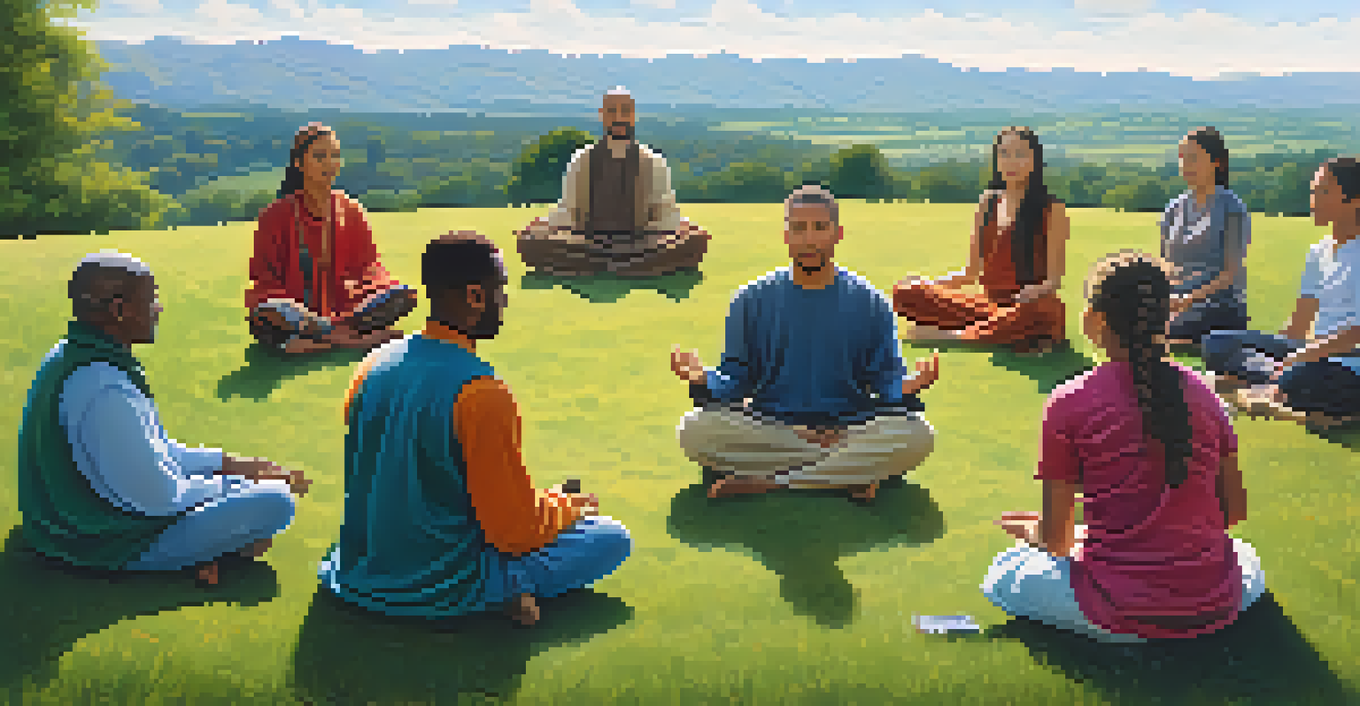 A diverse group of people meditating together in a grassy meadow under a clear sky.