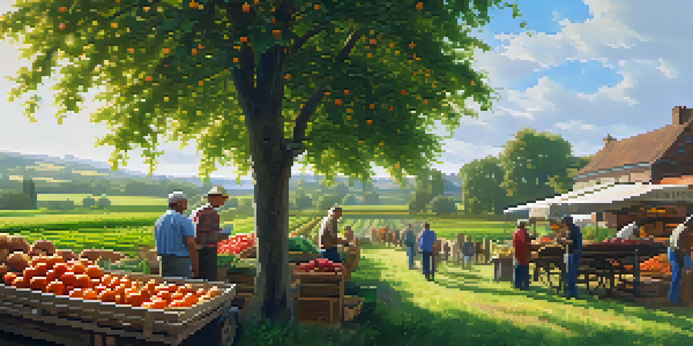A peaceful rural scene with local farmers tending to colorful crops in green fields, illuminated by golden sunlight, with a market stall in the background.