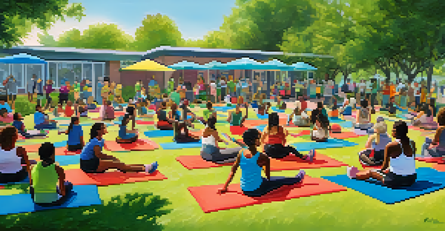A diverse group of people participating in a fitness class outdoors, surrounded by greenery and bright skies.