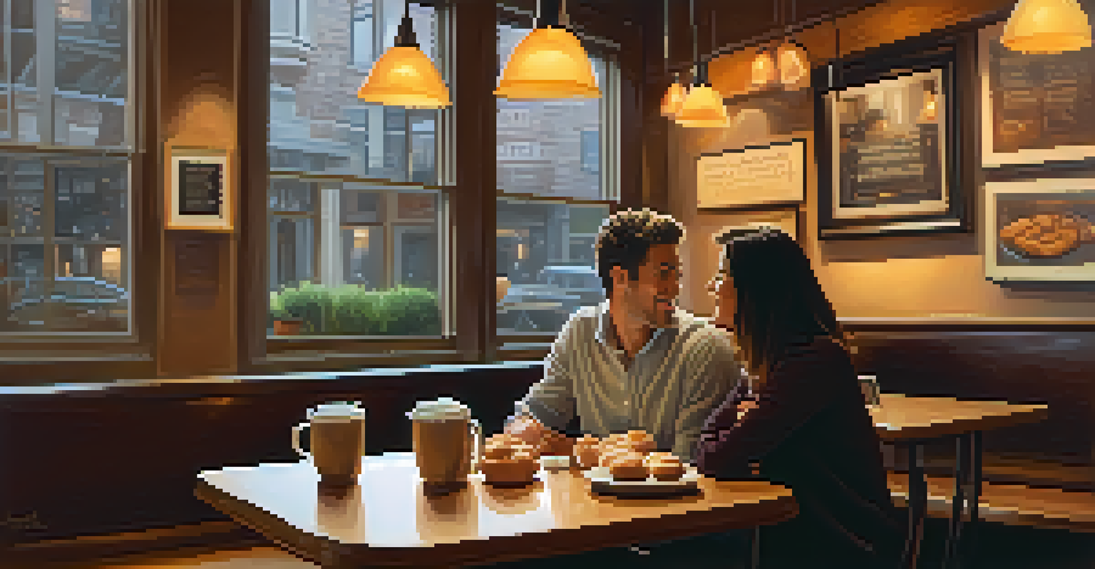 Inside a cozy coffee shop, two people are having a heartfelt conversation over coffee and pastries.