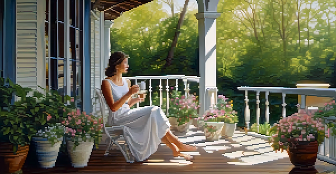 A person enjoying coffee on a porch surrounded by flowers and sunlight.