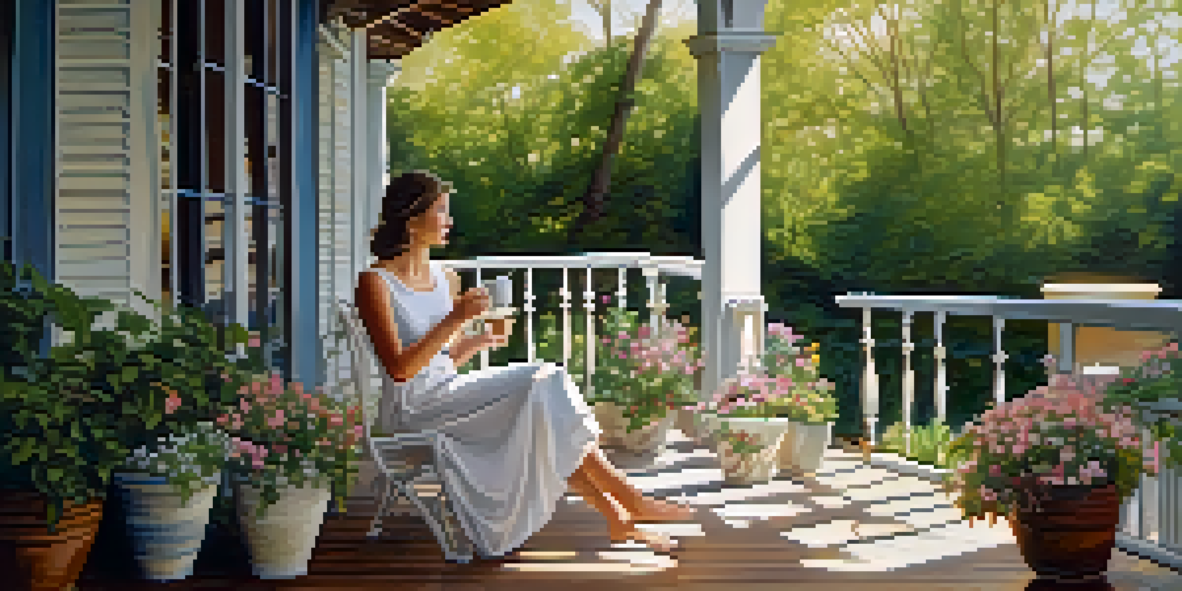 A person enjoying coffee on a porch surrounded by flowers and sunlight.