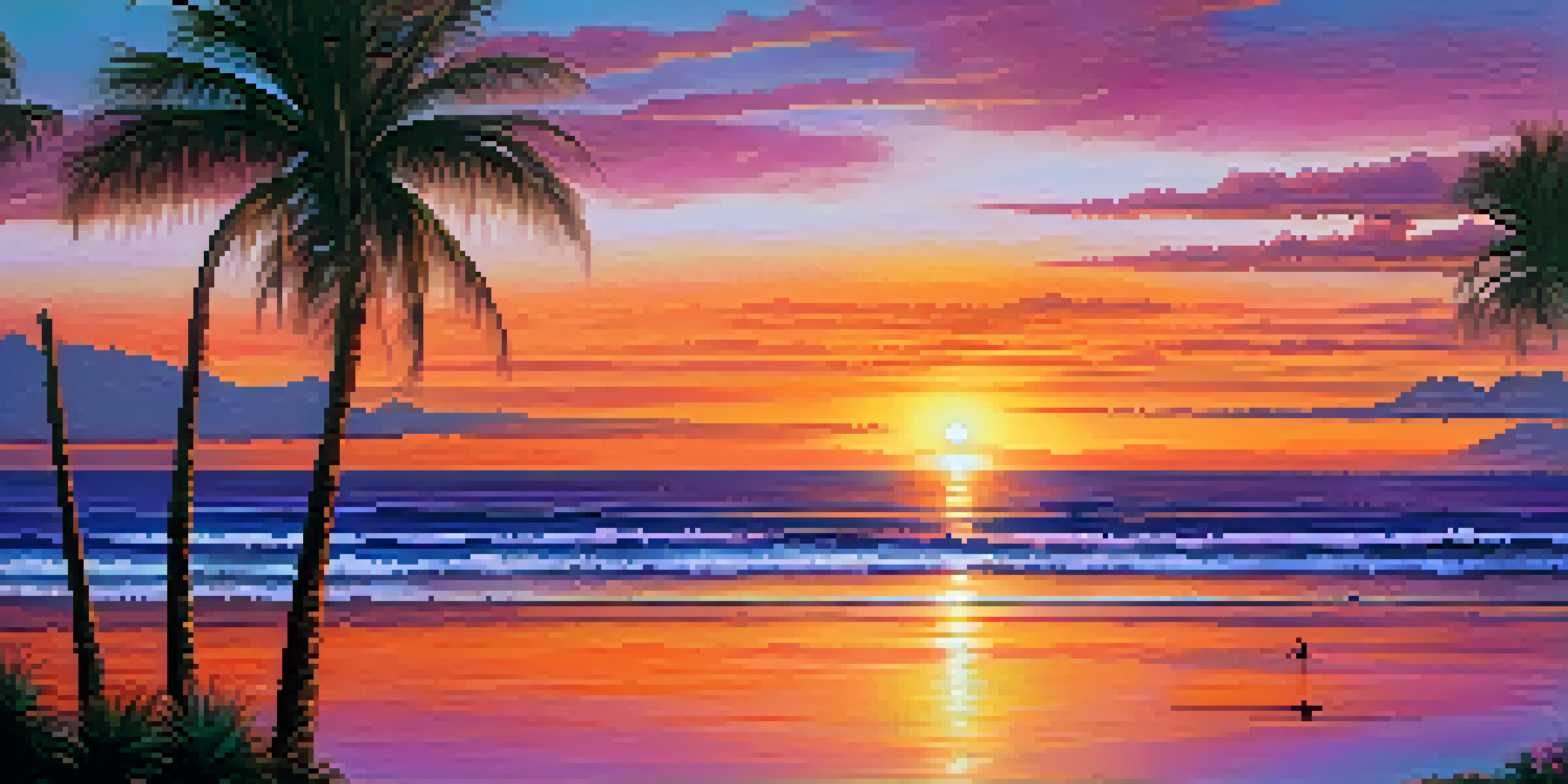 A beautiful sunset over a calm ocean with vibrant colors and silhouetted palm trees.