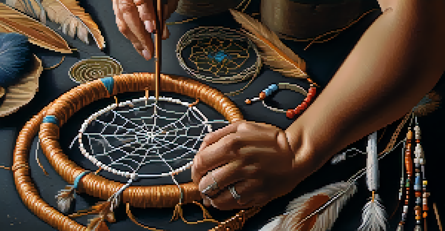 Close-up of hands crafting a dreamcatcher, showcasing intricate feathers and beads in natural light.