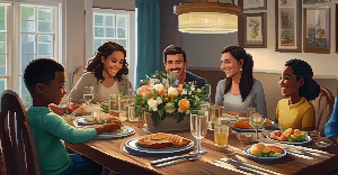 A warm family dinner scene with diverse family members gathering around a wooden table filled with food, smiling and sharing gratitude.