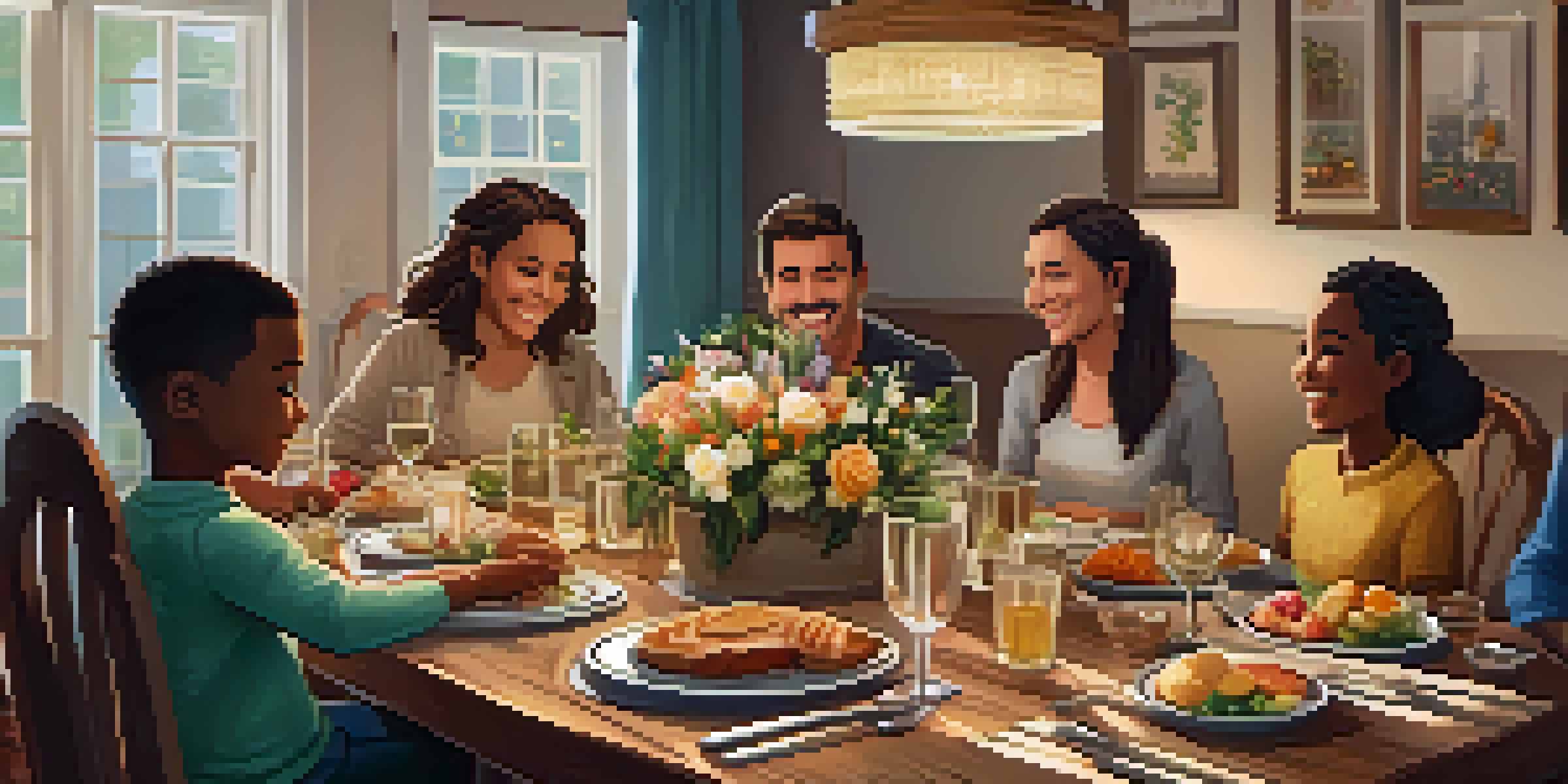 A warm family dinner scene with diverse family members gathering around a wooden table filled with food, smiling and sharing gratitude.