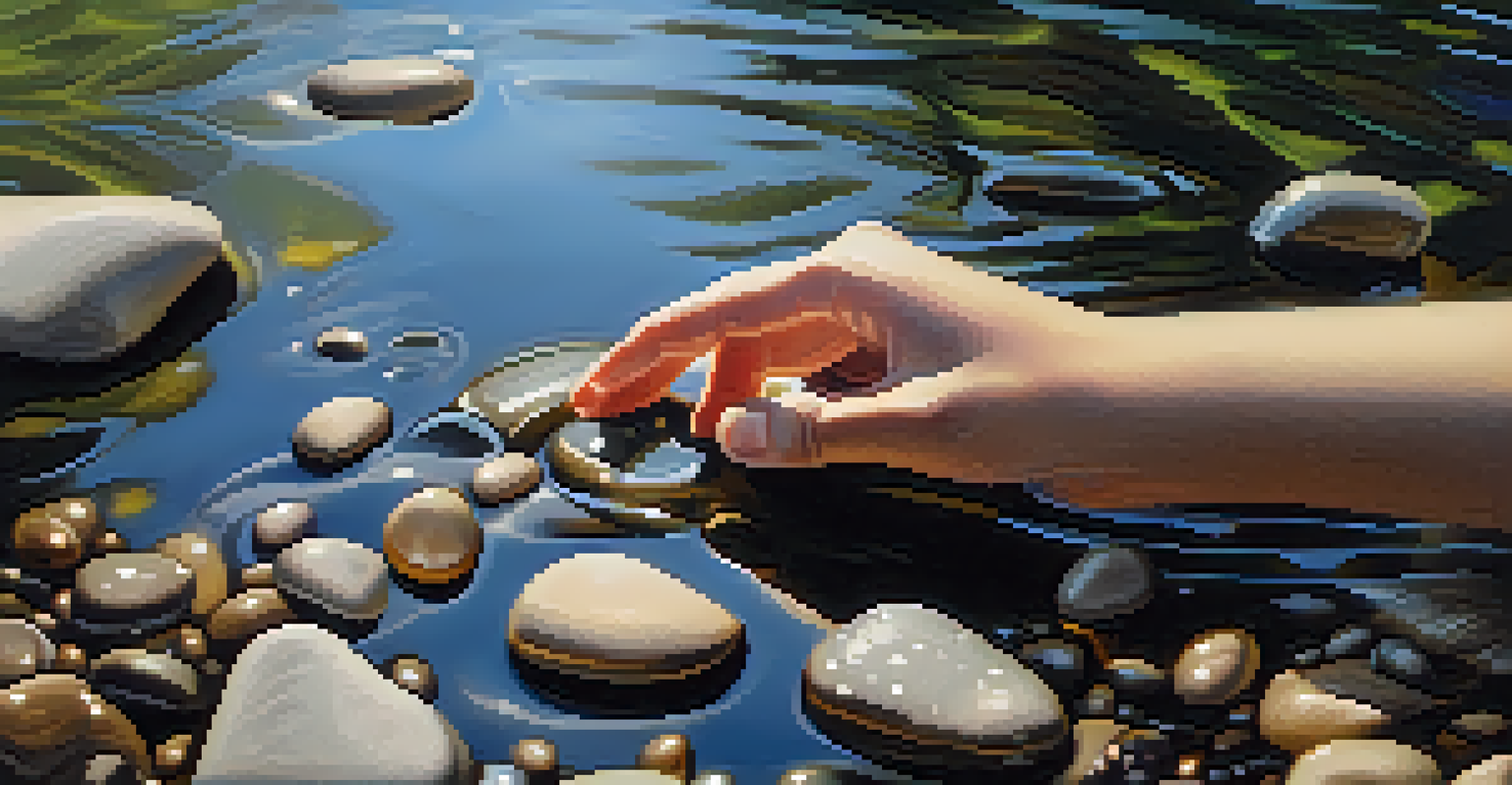 A hand releasing stones into a flowing stream, creating ripples.