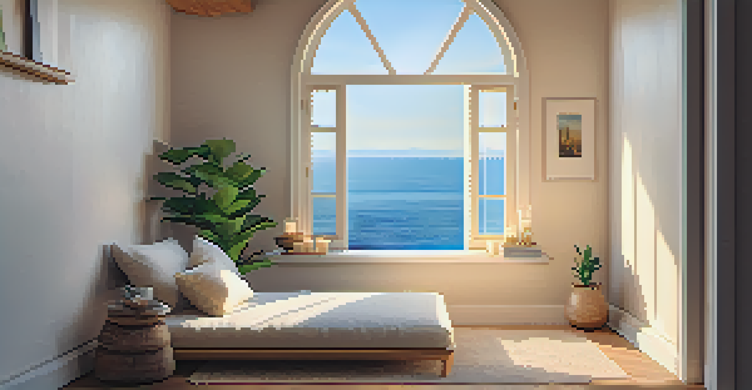 A cozy meditation corner at home with soft cushions, candles, and natural light streaming through a window.