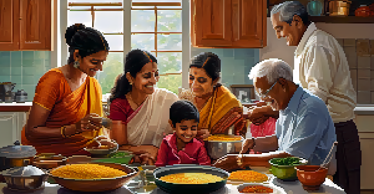 A family of multiple generations cooking together in a warm kitchen, preparing traditional Hindu dishes with ingredients spread around.