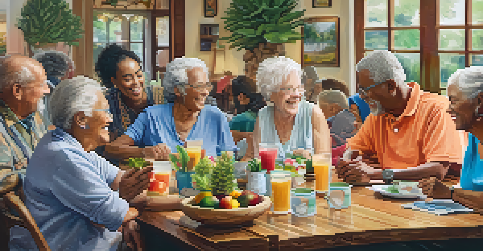 A group of seniors enjoying a communal gathering, sharing stories and laughter in a warm, inviting space.