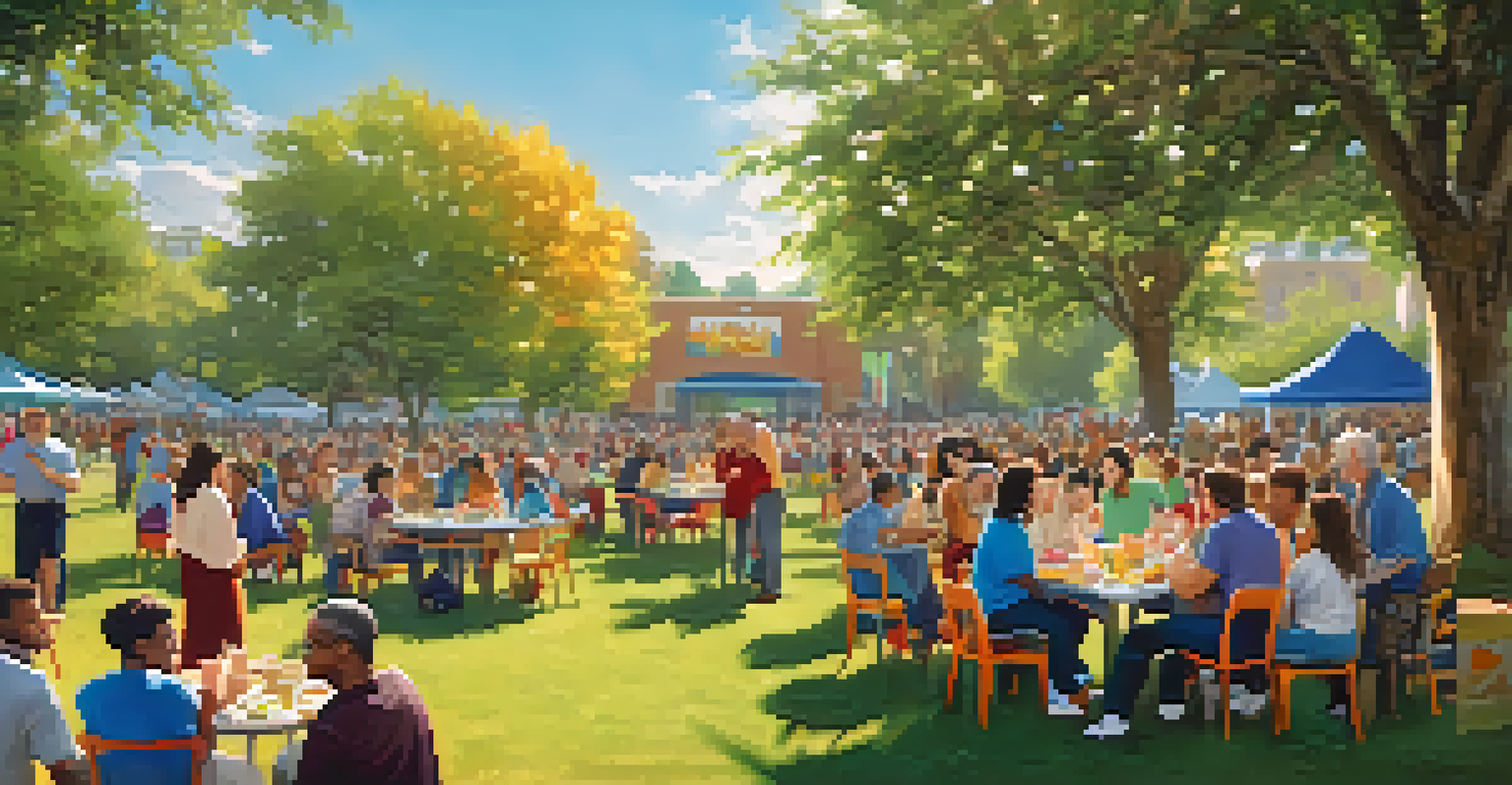 A diverse group of people in a park participating in acts of kindness and community service, surrounded by nature and colorful decorations.