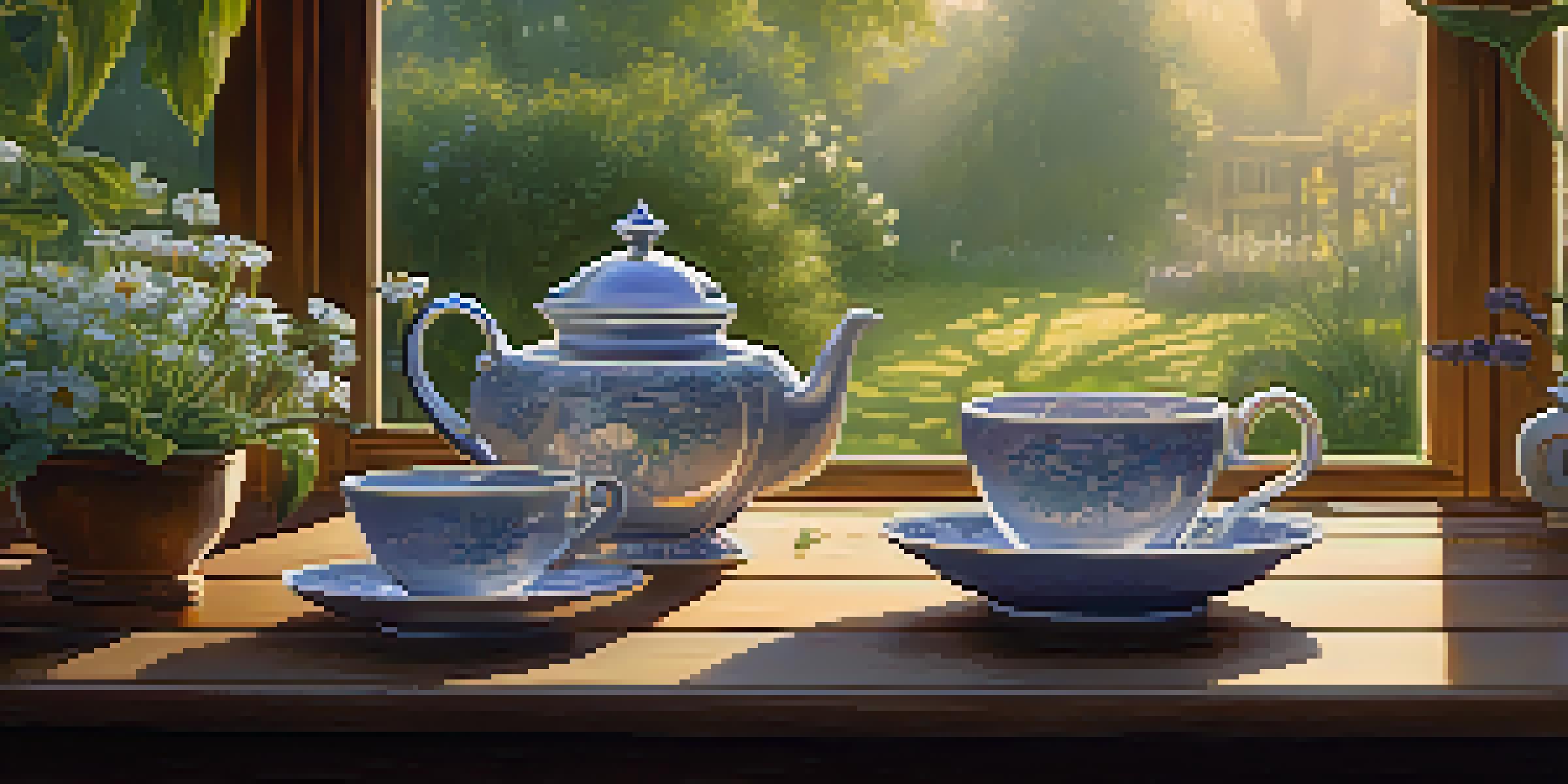 A peaceful herbal garden with chamomile and lavender, featuring a wooden table and a steaming tea set illuminated by soft dawn light.