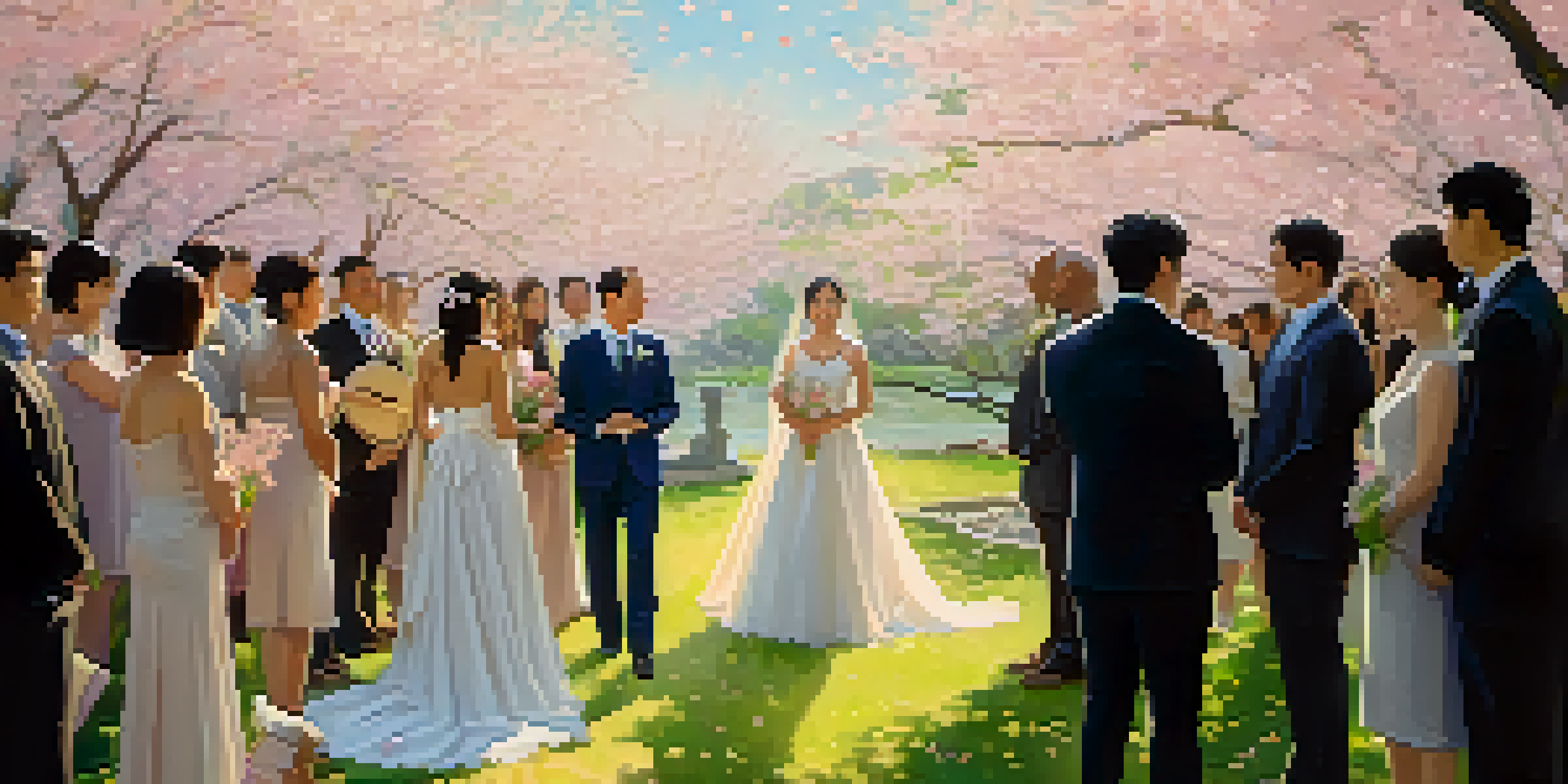 An outdoor wedding ceremony under a cherry blossom tree with a couple at the altar surrounded by guests.