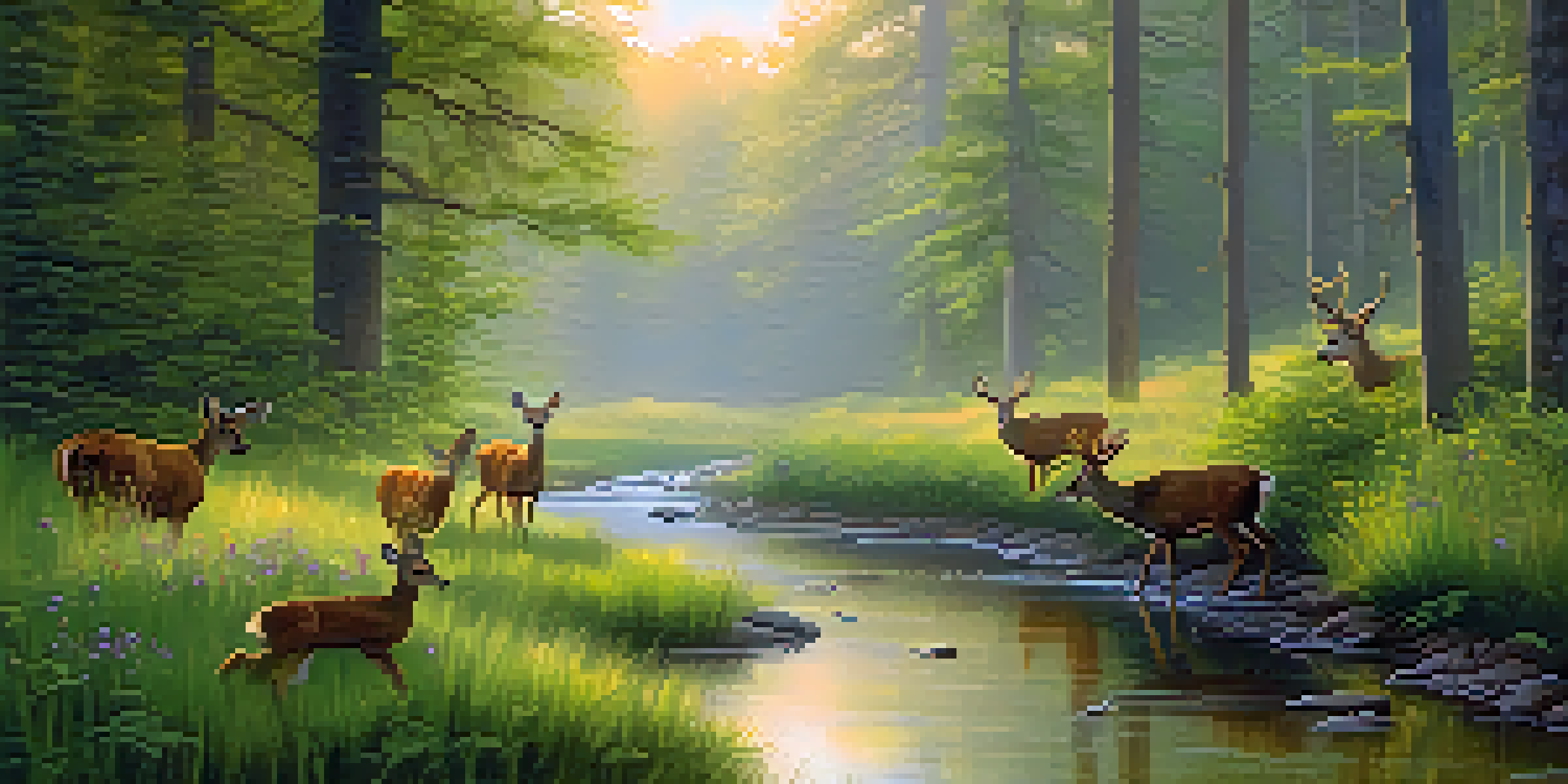 A peaceful forest scene at dawn with a family of deer grazing near a stream, surrounded by green foliage and wildflowers, illuminated by soft sunlight.