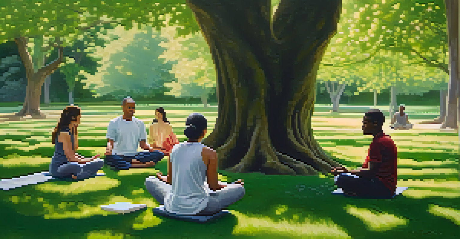 A diverse group of people meditating together in a green park with sunlight filtering through trees.
