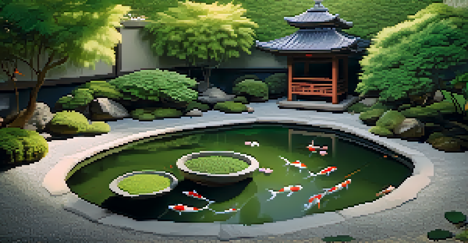 A Zen garden with raked gravel, a stone lantern, and a pond with koi fish, illustrating peace and harmony.