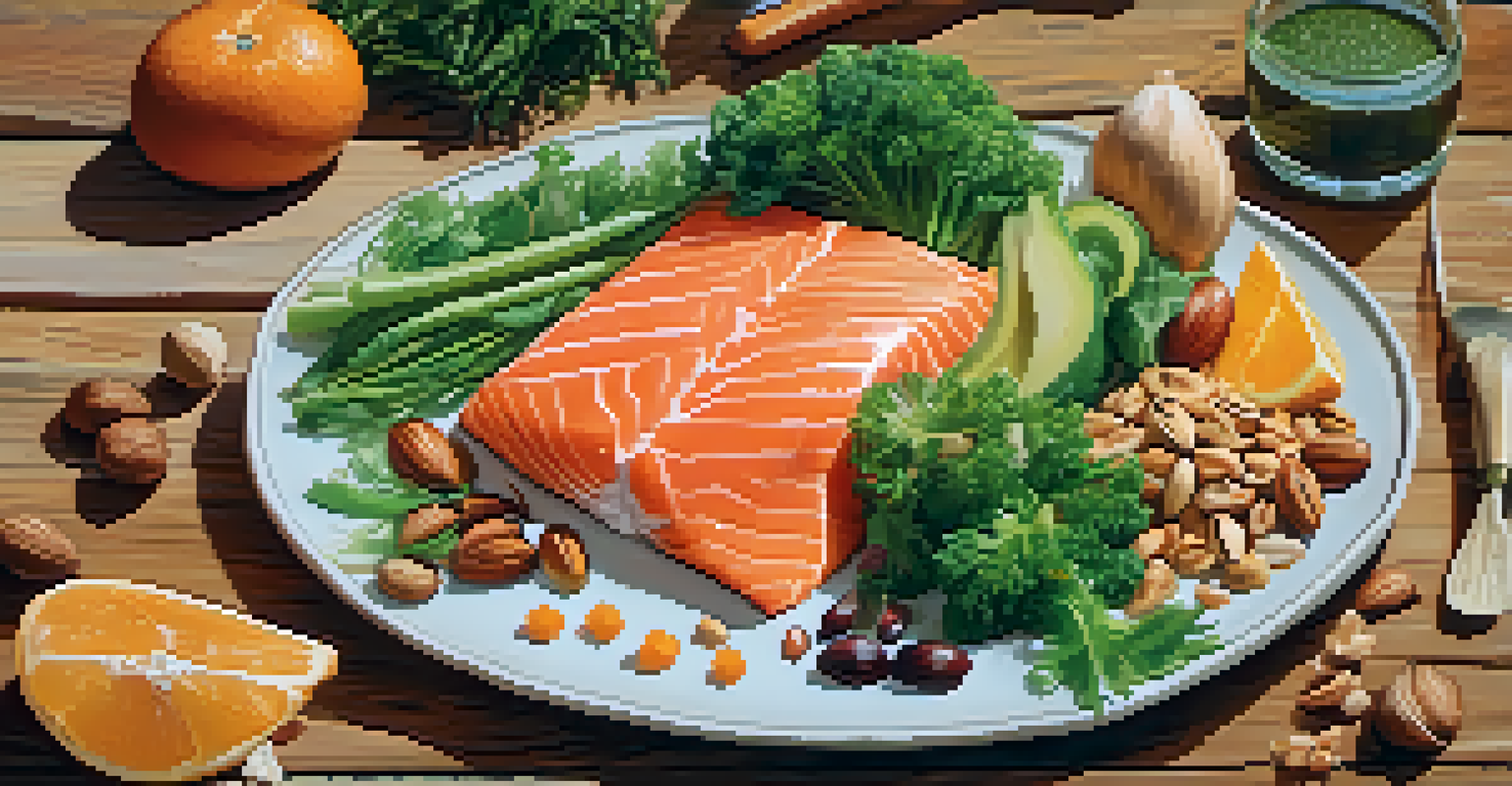 A colorful plate of healthy foods including salmon, vegetables, and nuts on a wooden table.