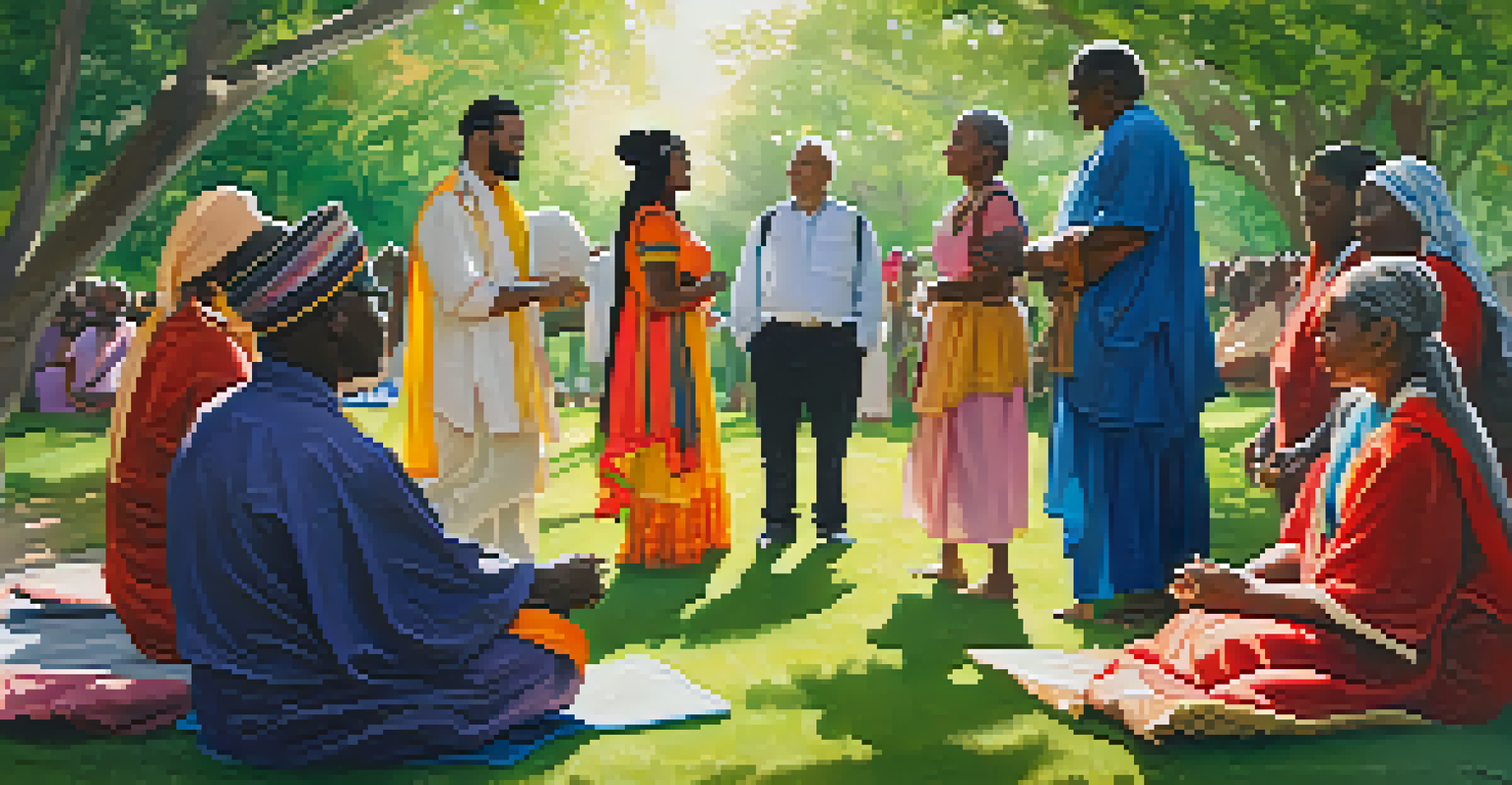 A diverse group of individuals holding hands in a circle, participating in a community healing ceremony in a park.