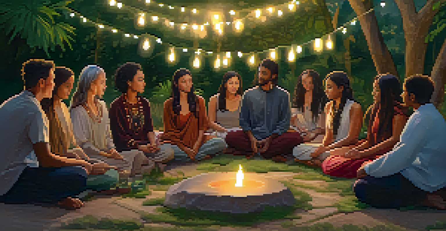 A diverse group of individuals in a circle outdoors, holding candles while participating in a new moon ceremony.