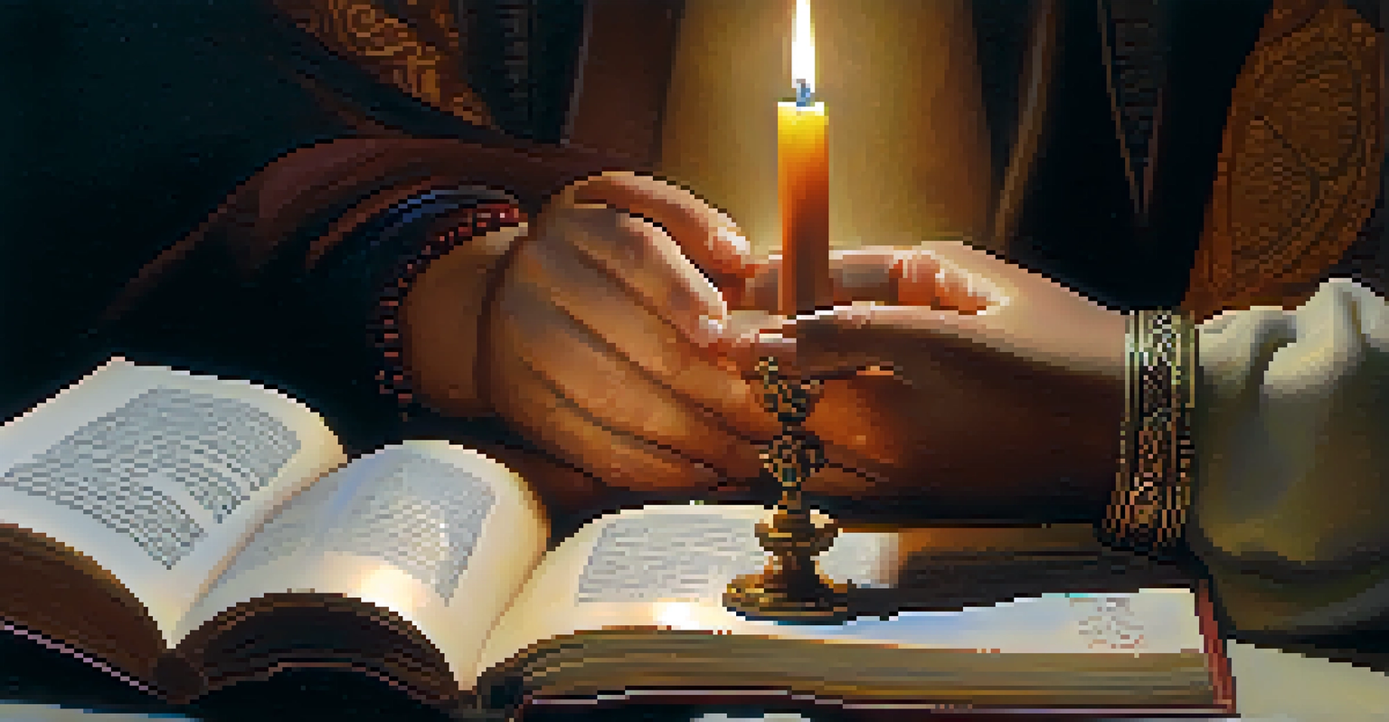 A close-up of diverse hands exchanging symbolic artifacts representing different faiths, highlighting unity and respect.