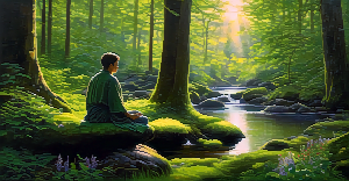 A person meditating in a peaceful forest clearing surrounded by greenery and sunlight.