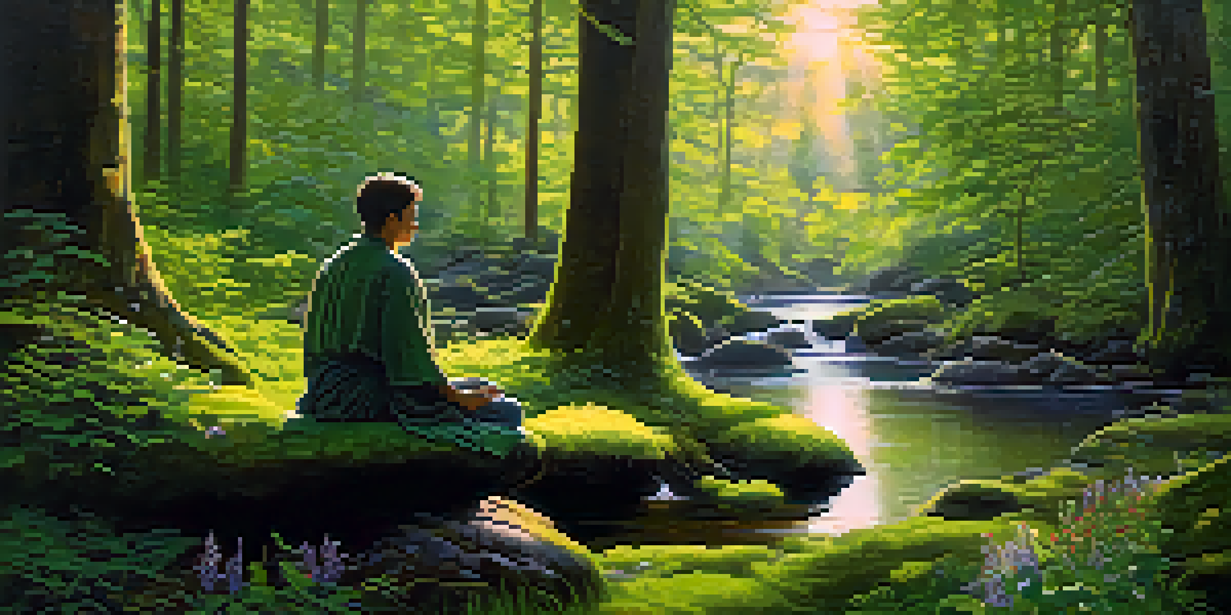 A person meditating in a peaceful forest clearing surrounded by greenery and sunlight.
