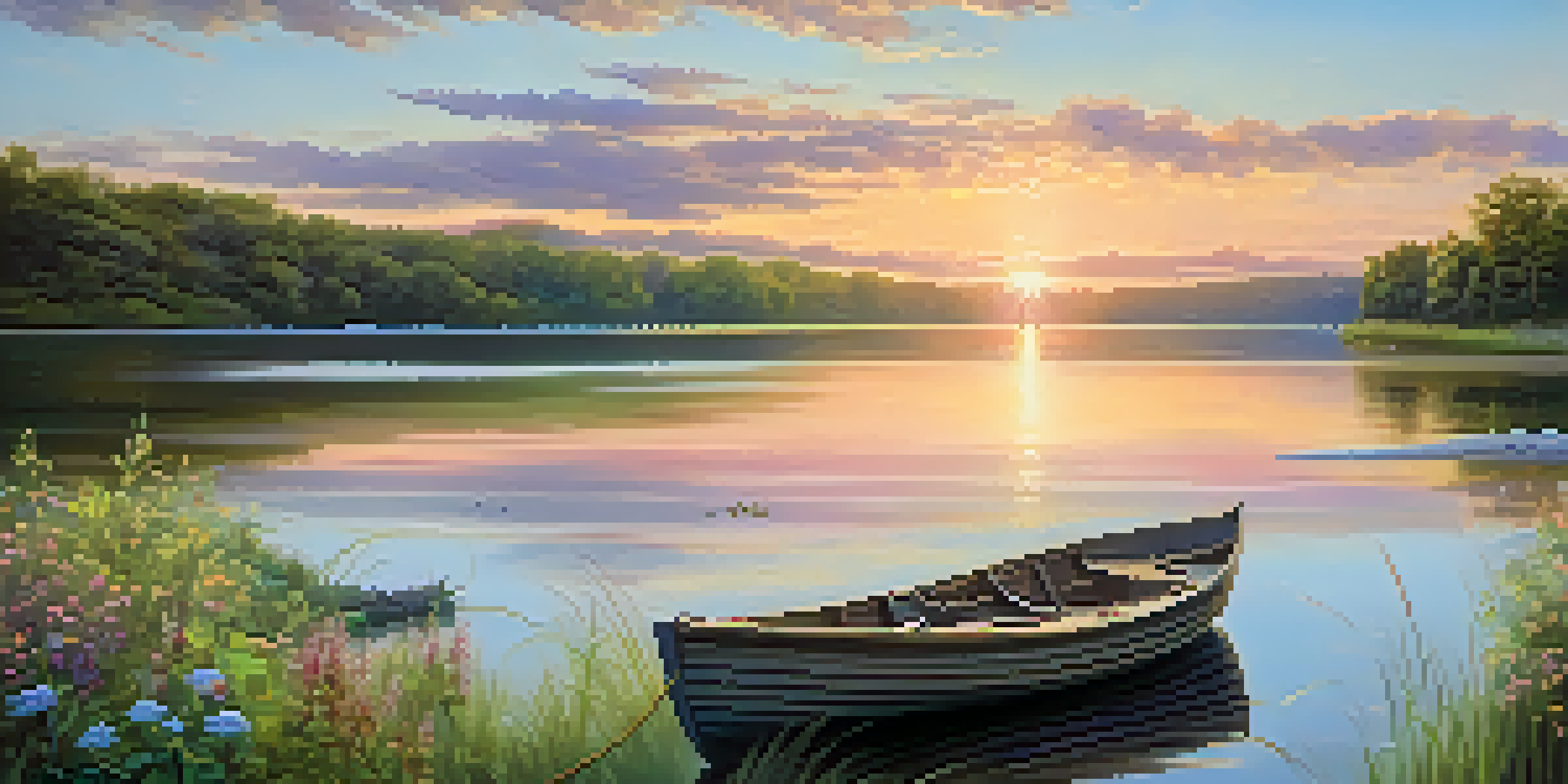 A peaceful sunrise over a tranquil lake with a small wooden boat and lush greenery.
