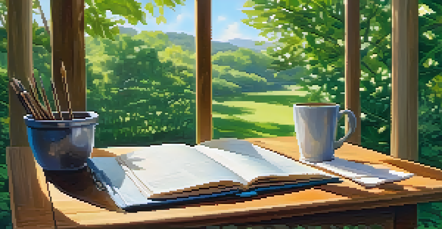 An outdoor journaling space with a wooden table, an open journal, and sunlight filtering through leaves.