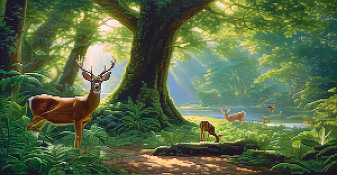 A tranquil forest scene showing various animals and plants living together in harmony, with sunlight filtering through the trees.