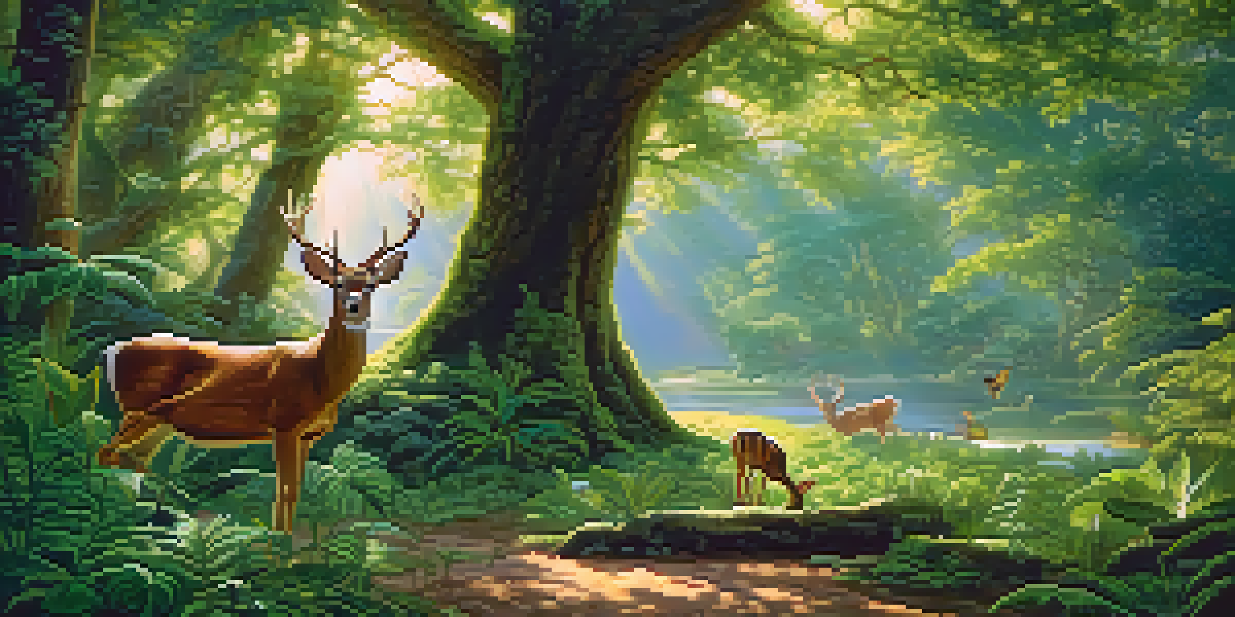 A tranquil forest scene showing various animals and plants living together in harmony, with sunlight filtering through the trees.