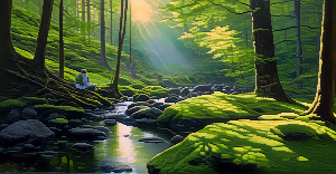 A peaceful forest at dawn with a person meditating by a stream, sunlight filtering through the trees.